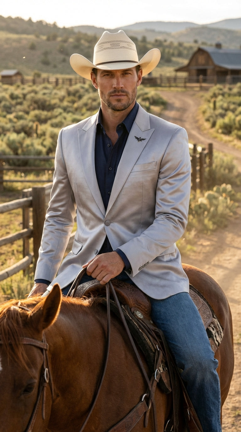 Mens Shiny Silver Cowboy Blazer – Western Style Satin Finish Blazer for Party, Country Events and Evening Wear