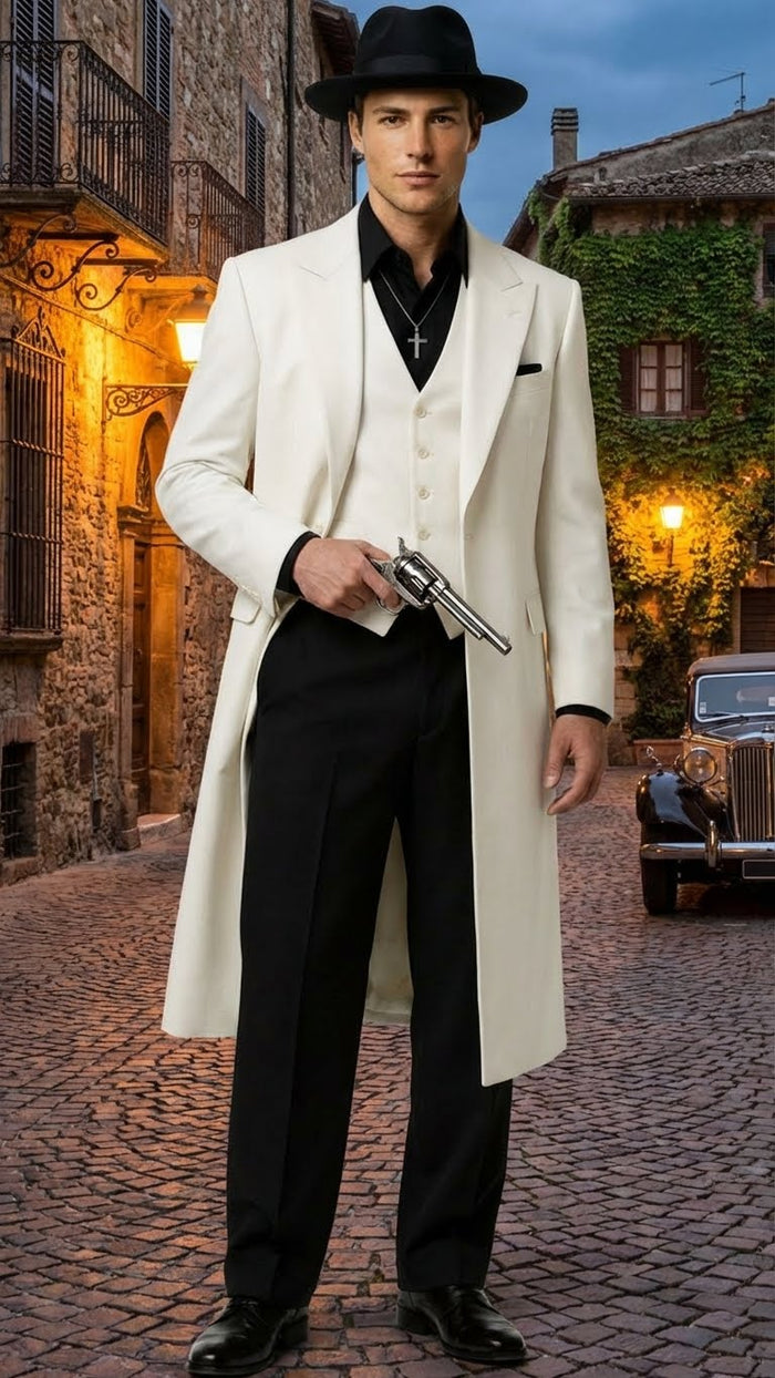 Mens White Long Zoot Suit Costume Set with Black Pants – Wedding, Prom and Party Outfit 1920s - 1930s Gangster Style