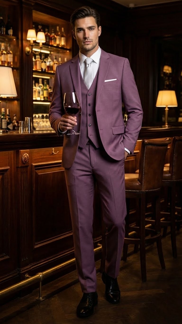 Mens Mauve Three-Piece Suit  Slim Fit Formal Blazer, Vest, and Trousers for Weddings Rose Gold Pinkish Color