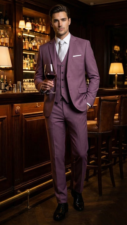 Mens Mauve Three-Piece Suit  Slim Fit Formal Blazer, Vest, and Trousers for Weddings Rose Gold Pinkish Color