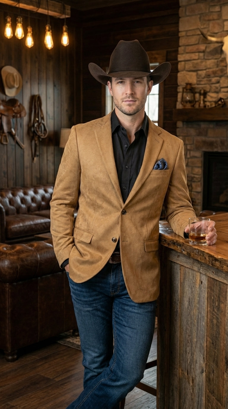 Men’s Camel Suede Cowboy Blazer with Elbow Patch – Camel Western Style Suede Sport Coat for Casual