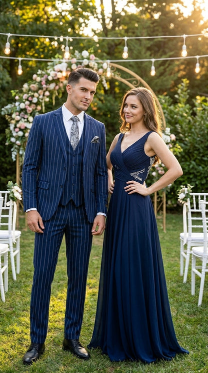 Men’s Navy Blue 1920s Gangster Stripe Vested Suit with White Pinstripes, 2 Button Dress Suit
