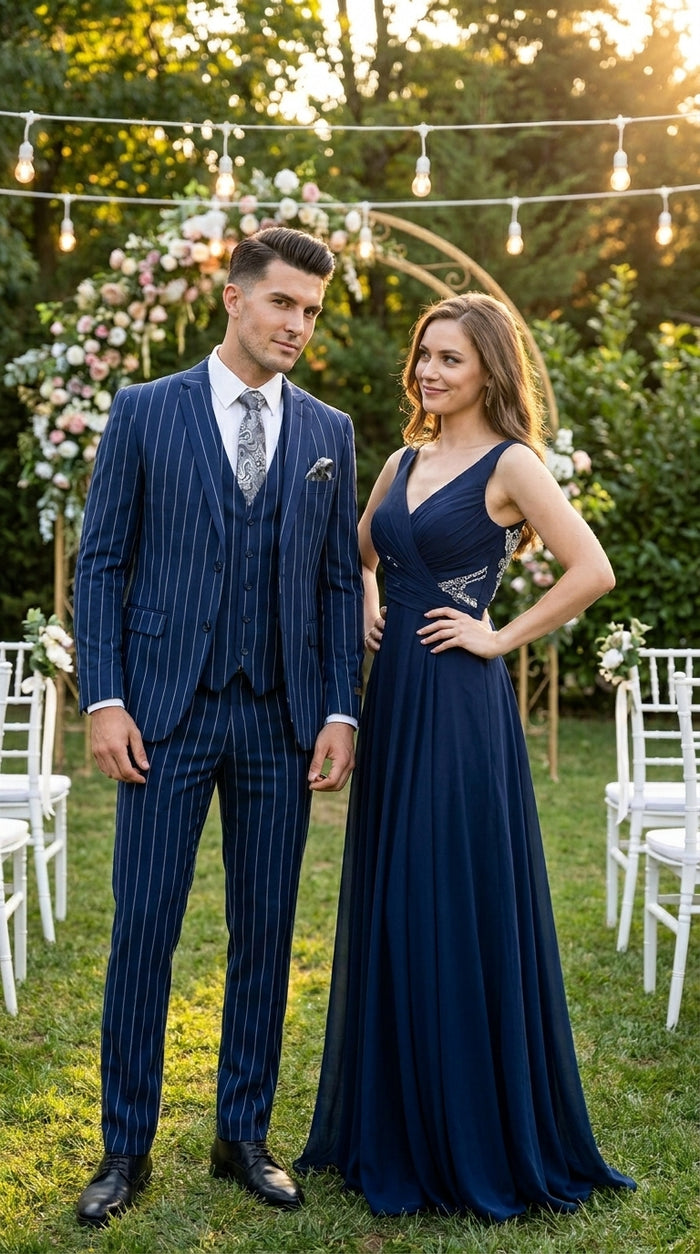 Men’s Navy Blue 1920s Gangster Stripe Vested Suit with White Pinstripes, 2 Button Dress Suit