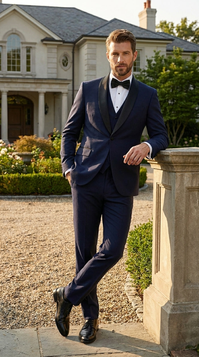 Men’s Navy Blue Vested Wool Tuxedo with 1 Button Jacket, Black Shawl Lapel and Matching Pants