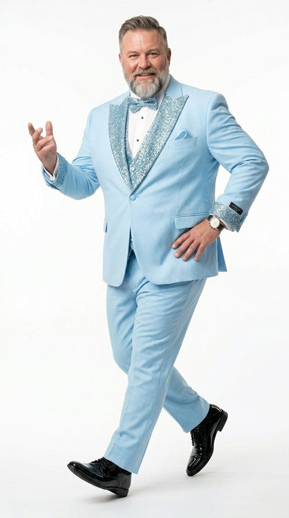 Men’s Baby Blue Prom Tuxedo Suit with Silver Rhinestone Sequin Lapel and Matching Vest