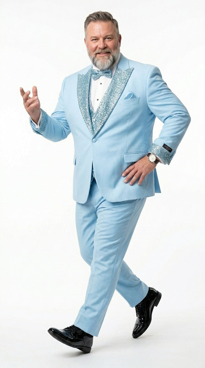 Men’s Baby Blue Prom Tuxedo Suit with Silver Rhinestone Sequin Lapel and Matching Vest