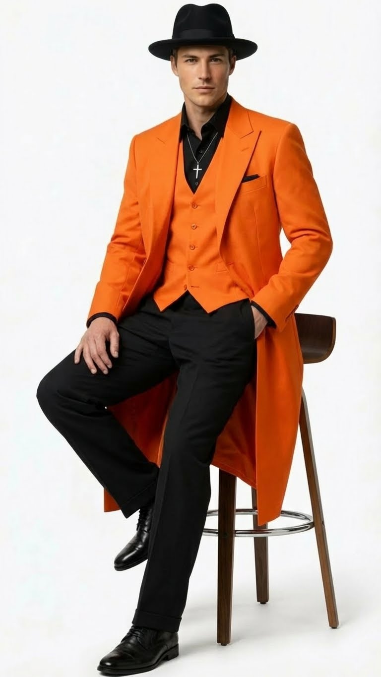 Mens halloween Costume Orange Long Zoot Suit Set With Black Shirt and Black Pants included