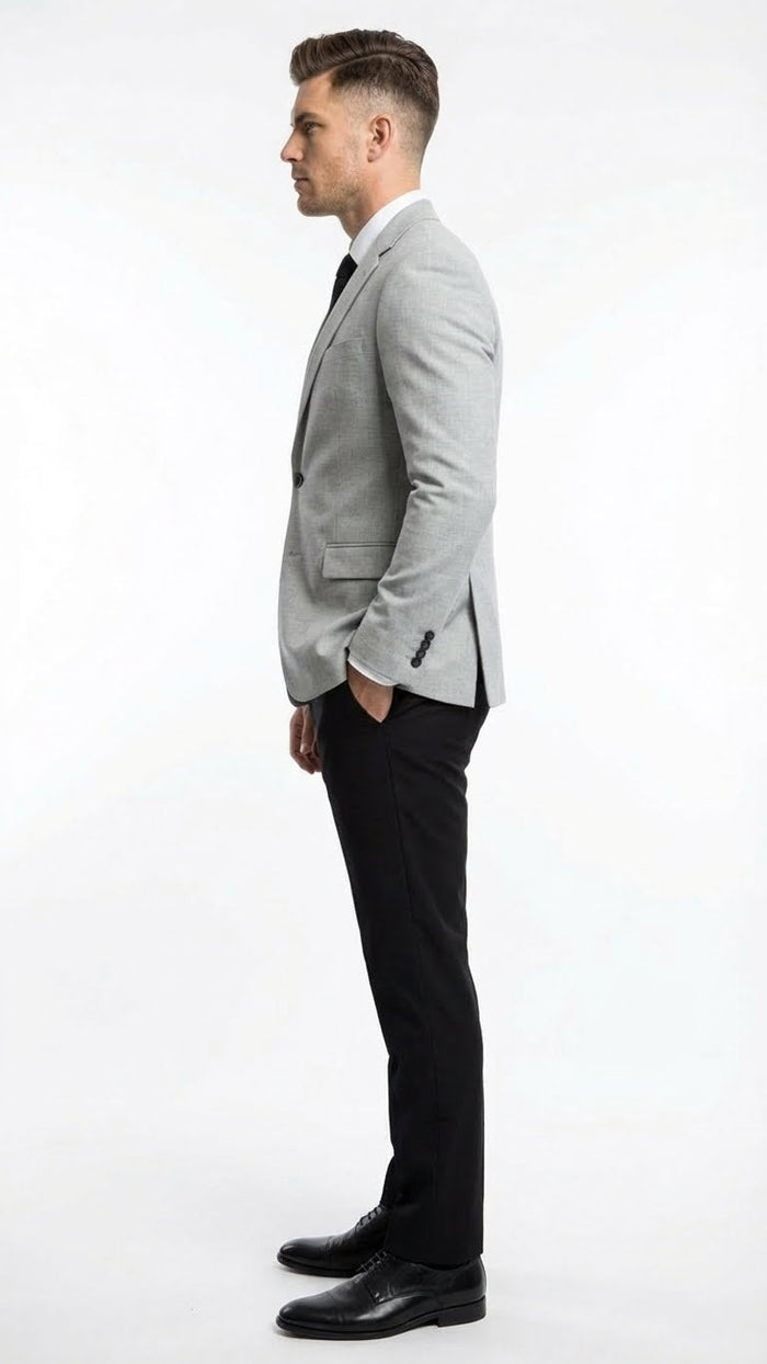 Men’s Light Grey Slim Fit Blazer Sport Coat with Black Pants | Premium Formal and Smart Casual Outfit