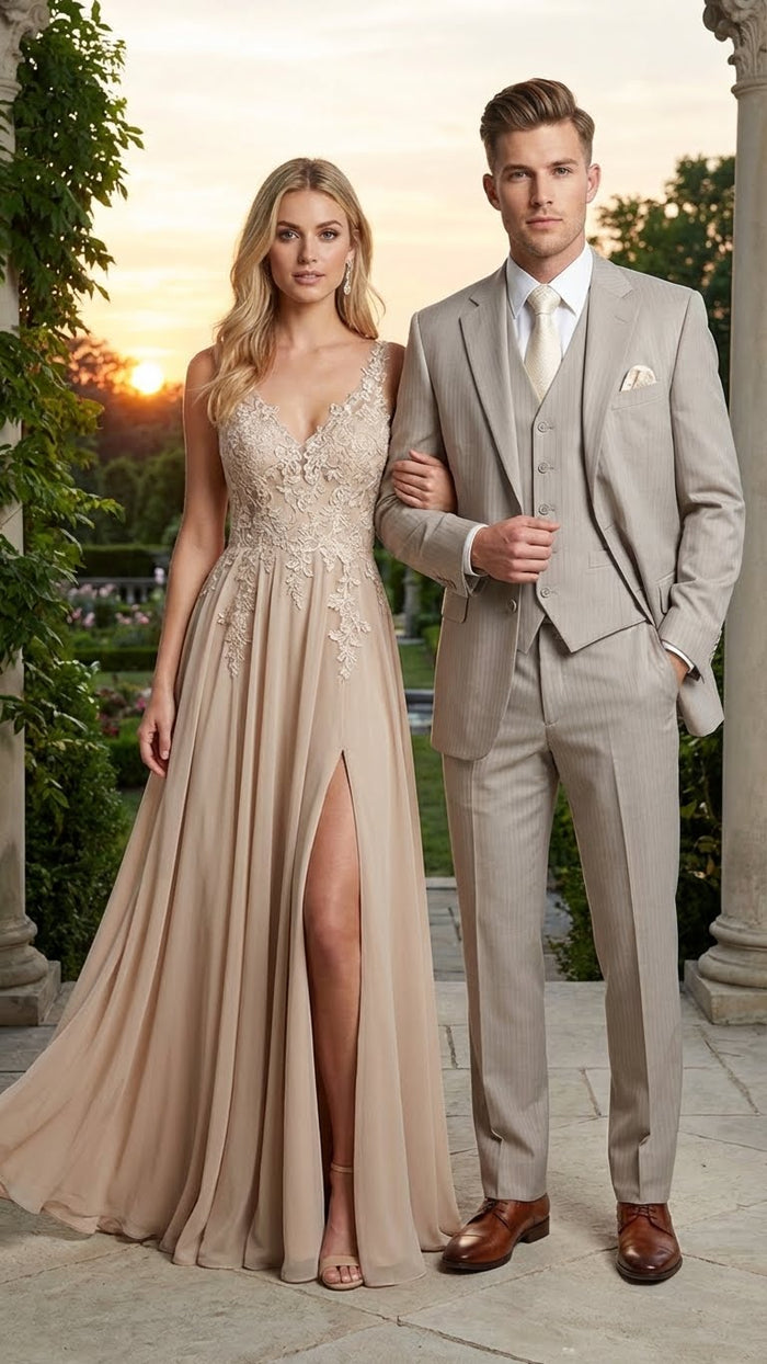 Mens Light Tan Pinstripe 3 Piece Suit with Jacket, Vest, and Pants | Shadow Stripe Tone Tone Pleated Pants Classic