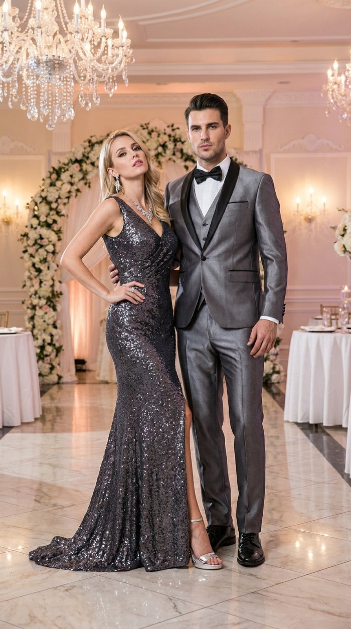 Men’s Silver Grey Sharkskin Vested Tuxedo with 1 Button Jacket, Shawl Lapel and Matching Pants