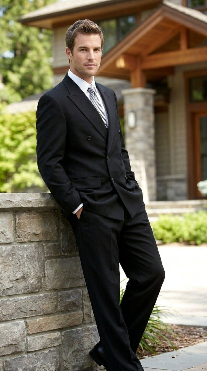 Brand New Solid Black Double Breasted Suit 100% Wool Fabric Super 150s Wide Suits Side Vent (pleated or Flat Front Pants)