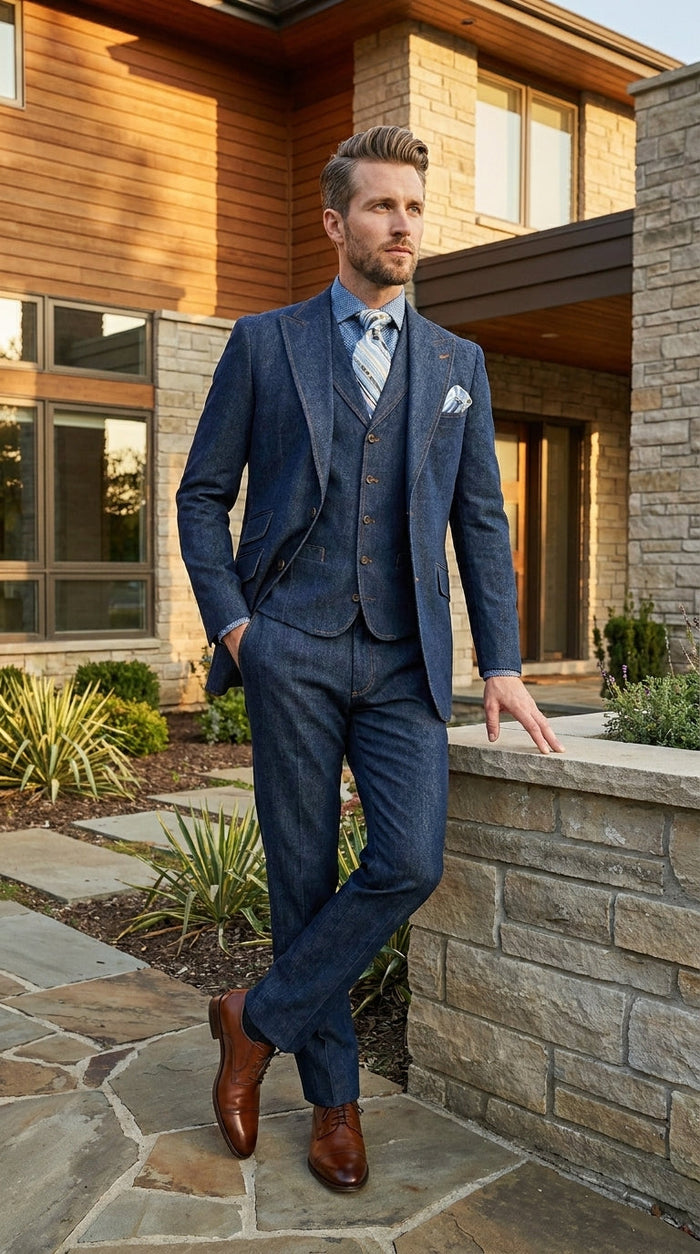 Men’s Pleated Pants Dark Blue Denim 3 Piece Suit – 100% Cotton Formal Suit Set, Blazer Vest Pants Outfit Classic Fit Athletic Fit Lose Fit