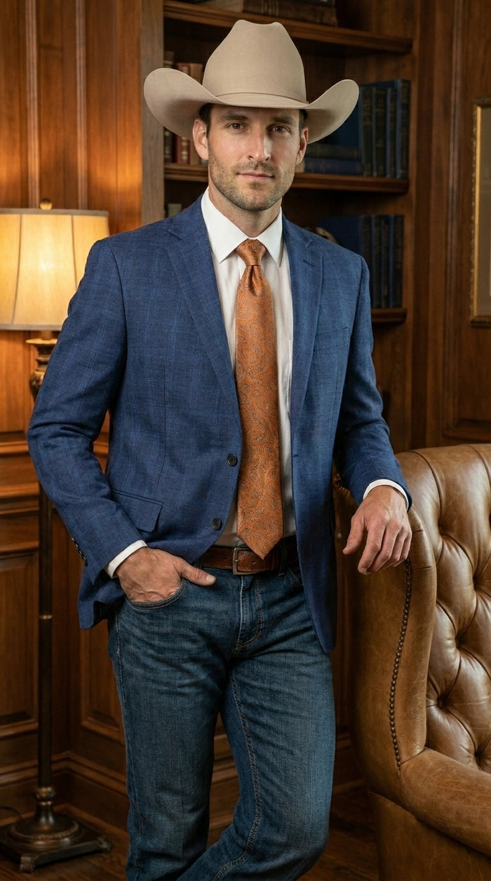 Men’s Dark Blue Western Sport Coat with Two Button Front, Notch Lapel Designer Blazer Jacket