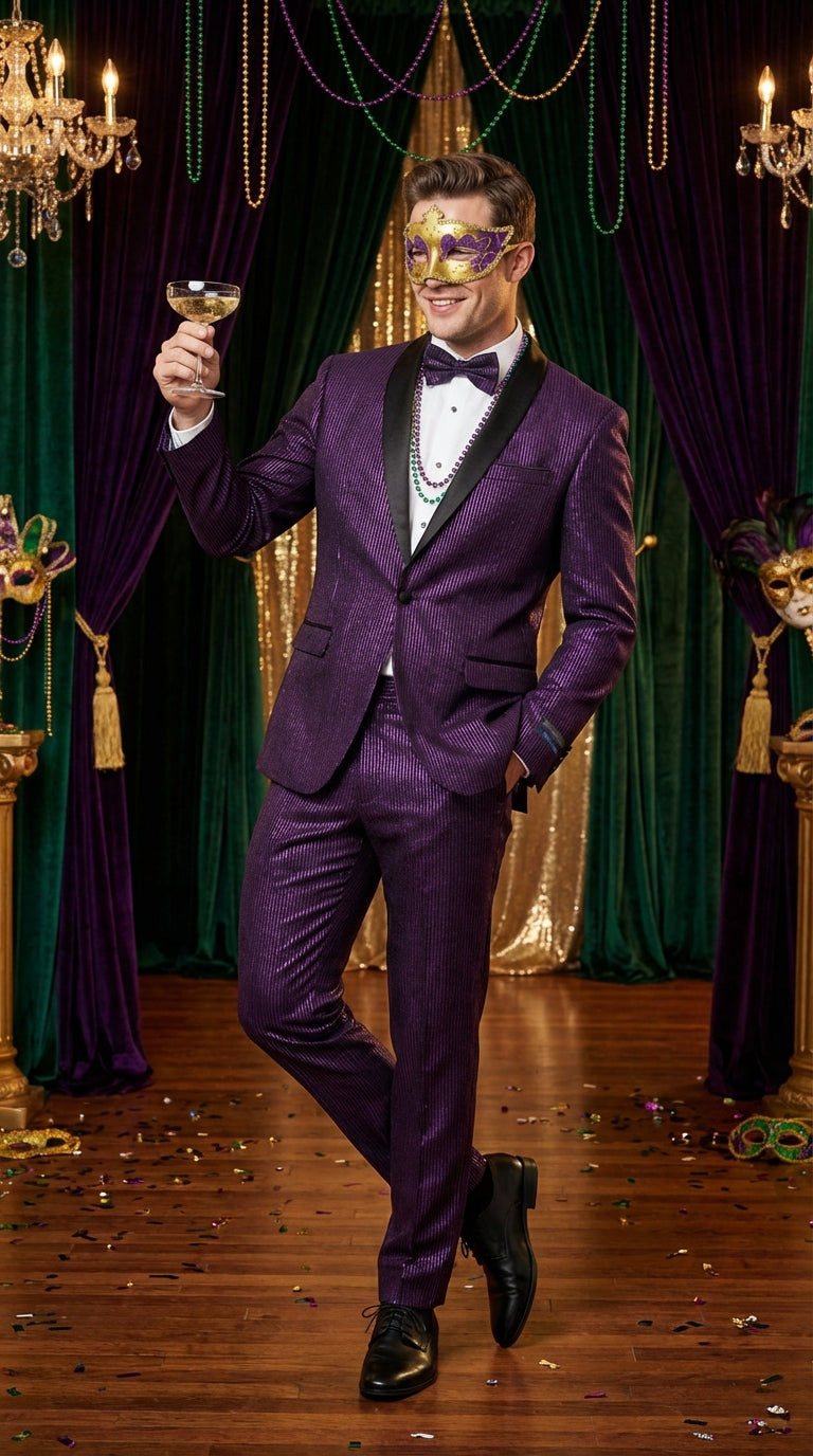 Mens Purple Shimmer Mardi Gras Suit with Black Satin Lapel – Shiny Metallic Formal Party and Carnival Suit Sequin Look