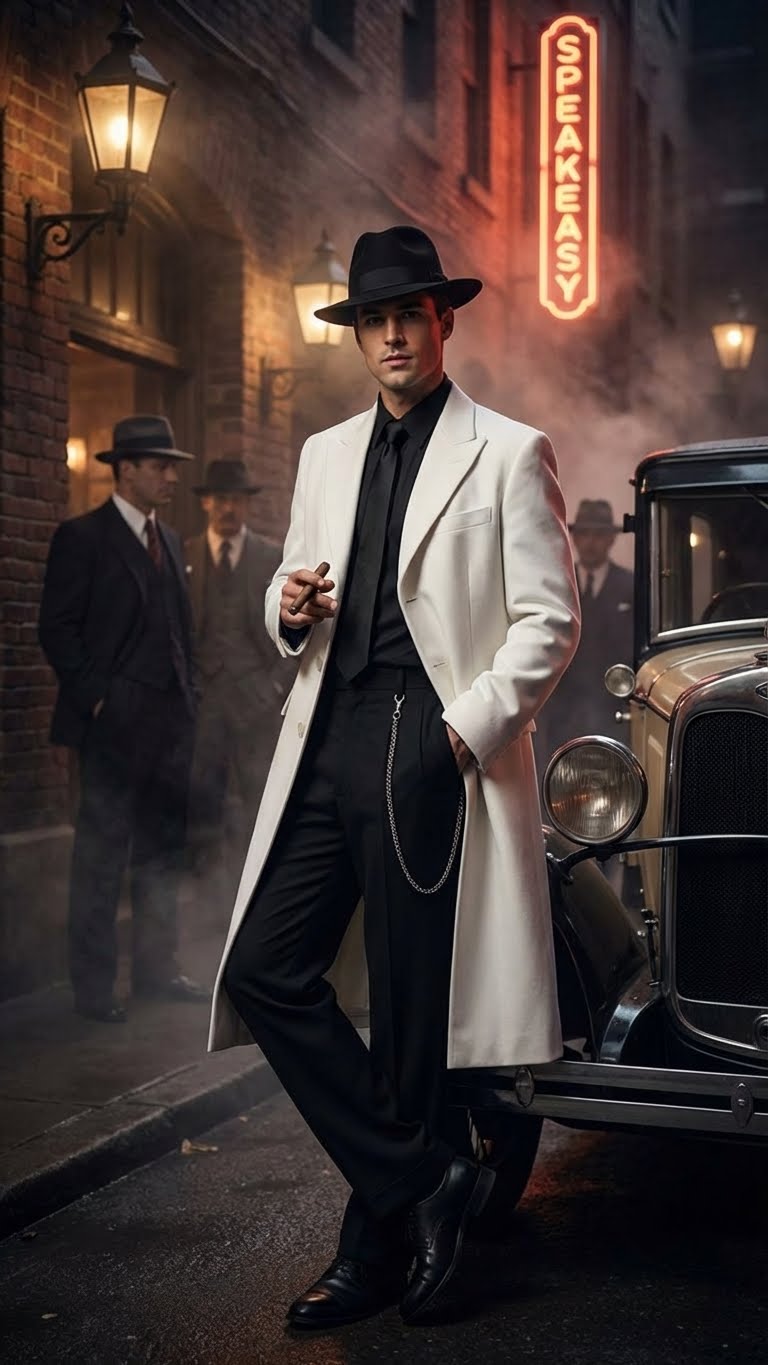 Men’s White Long Zoot Style Suit  | Vintage Gangster Mafia Formal Coat with Black Pants