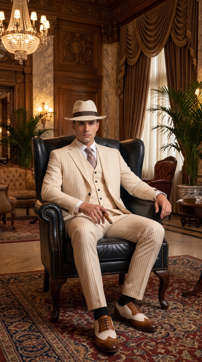 Men’s Ivory Cream Pinstripe 3-Piece Suit – 1920s Gangster Gatsby Wedding and Formal Suit