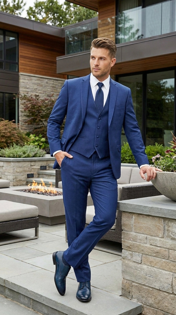 Men’s Blue 3 Piece Vested Tuxedo with 2 Button Jacket, Satin Trim and Matching Pants