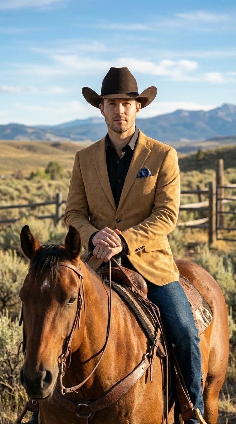 Men’s Camel Suede Cowboy Blazer with Elbow Patch – Camel Western Style Suede Sport Coat for Casual