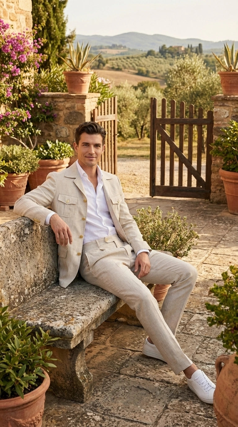 Mens Tan Beige Safari Military Walking Suit Set – Casual Two Piece Outfit Lightweight Summer Blazer and Pants Set Classic Casua Wear