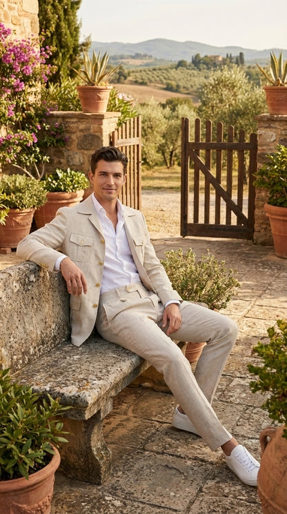 Mens Tan Beige Safari Military Walking Suit Set – Casual Two Piece Outfit Lightweight Summer Blazer and Pants Set Classic Casua Wear