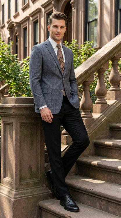 Men’s Charcoal Gray Windowpane Check Blazer – Classic Two Button Formal Sport Coat Jacket