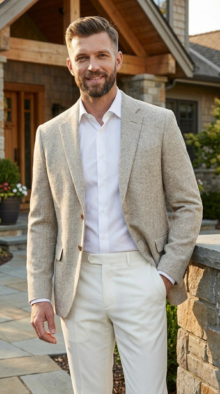 Men’s Light Tan Tweed Blazer – Classic Herringbone Sport Coat, Beige Casual Formal Jacket, Vintage Style Business & Smart Casual Wear