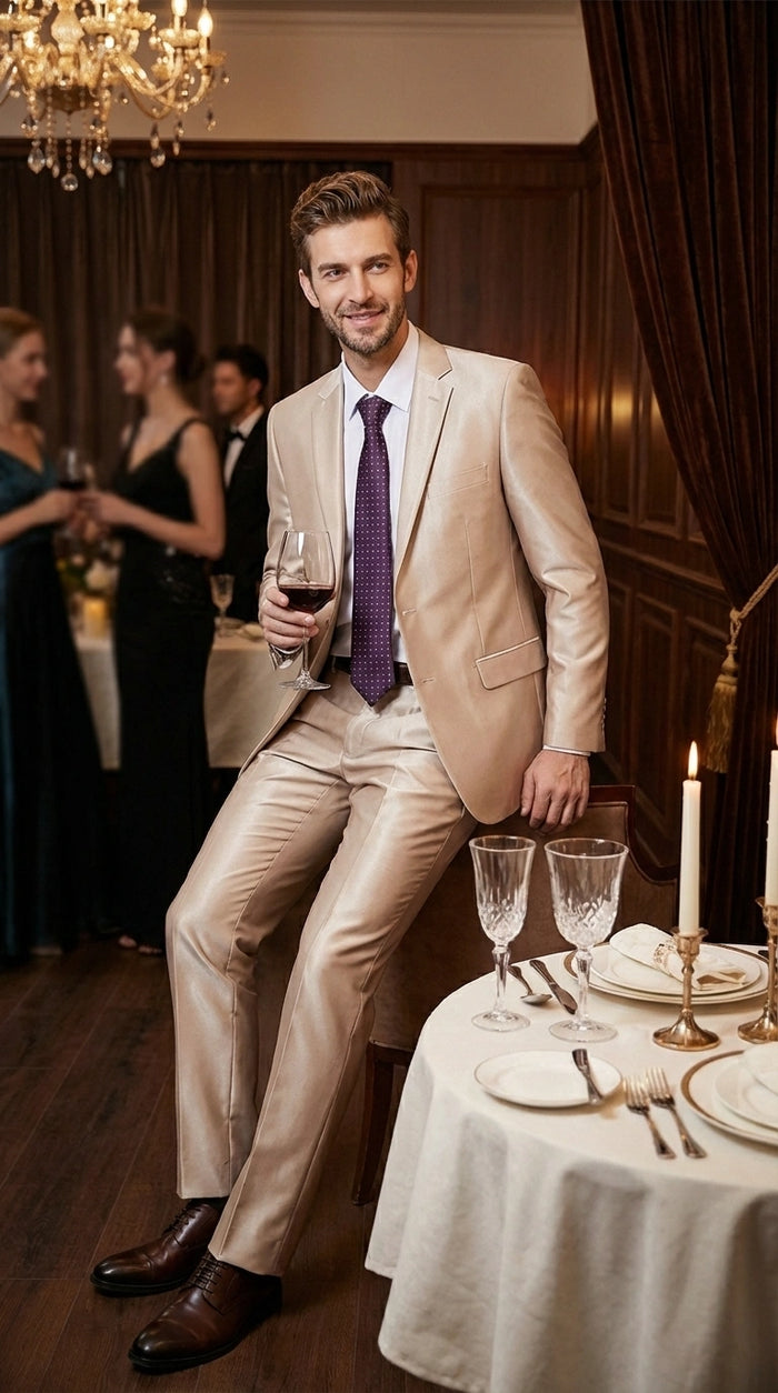 Men’s Champagne Tan Sharkskin 2 Button Suit – Glossy Formal Suit with Optional Vest for Wedding, Prom, Business Beige Color