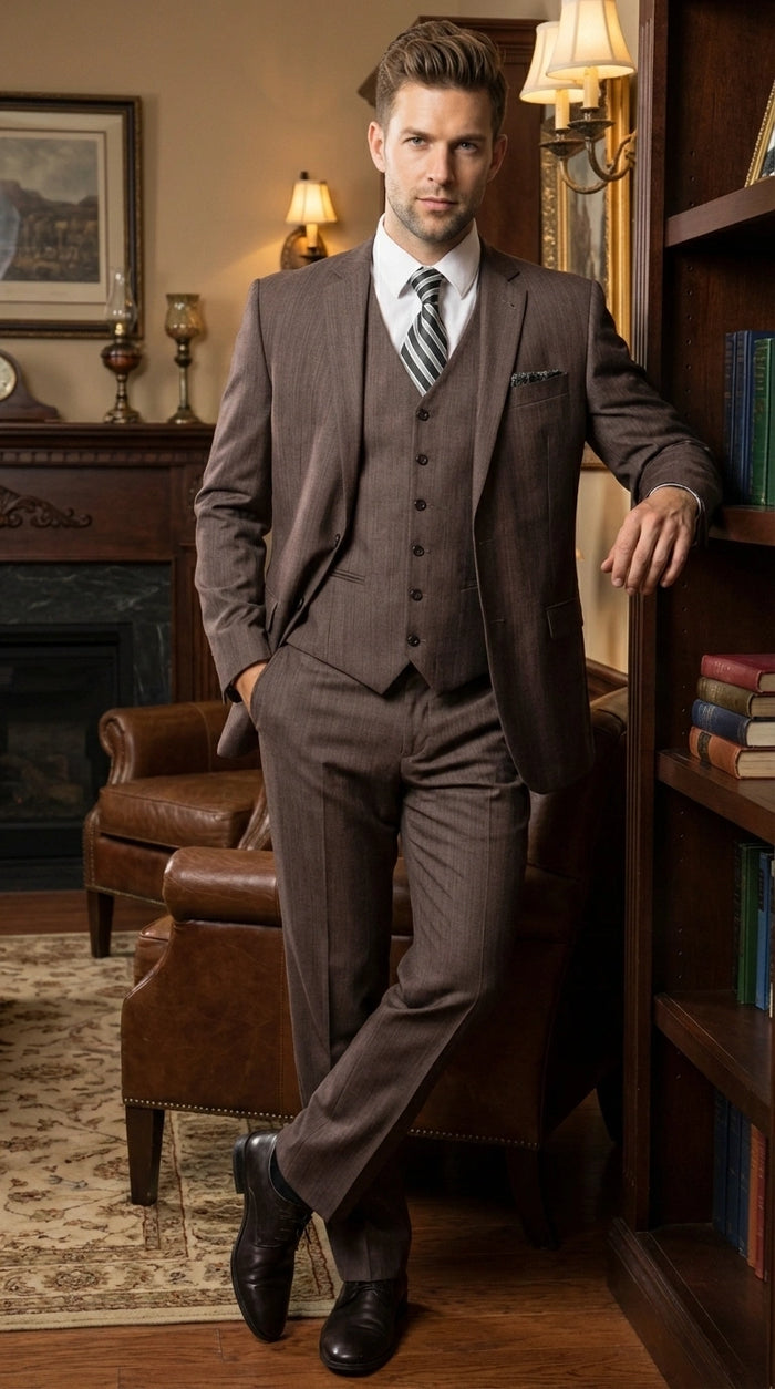 Men’s Brown Sharkskin 3 Piece Suit – Textured Two Button Vested Business Formal Suit for Wedding, Party Wear Elegant