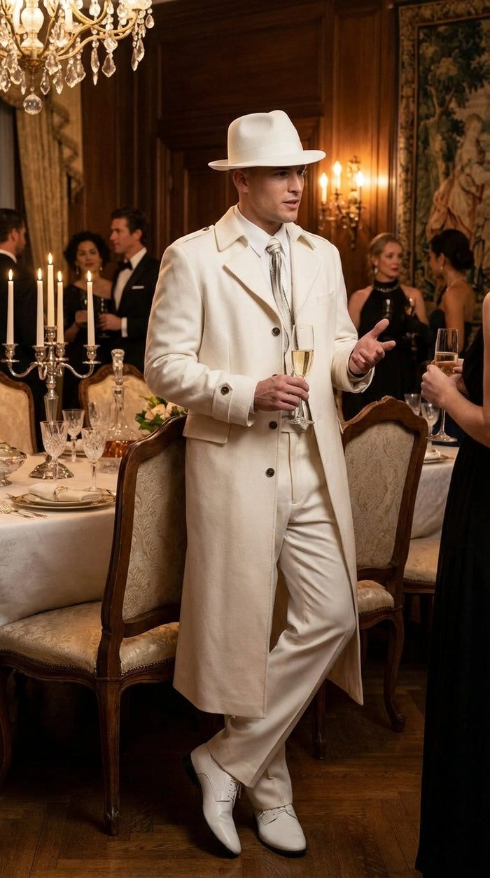 Men’s Ivory Cream Off White  Full Length Zoot Suit – Vintage Gangster Style Long Coat Formal Suit