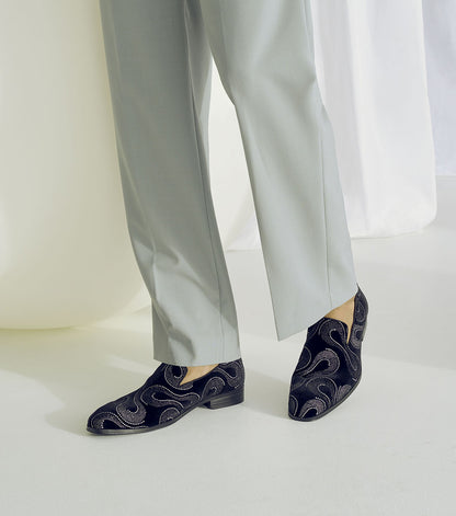 Stacy Adams SWAINSON Plain Toe Embroidered Slip On Black and Silver by Stacy Adams Shoes