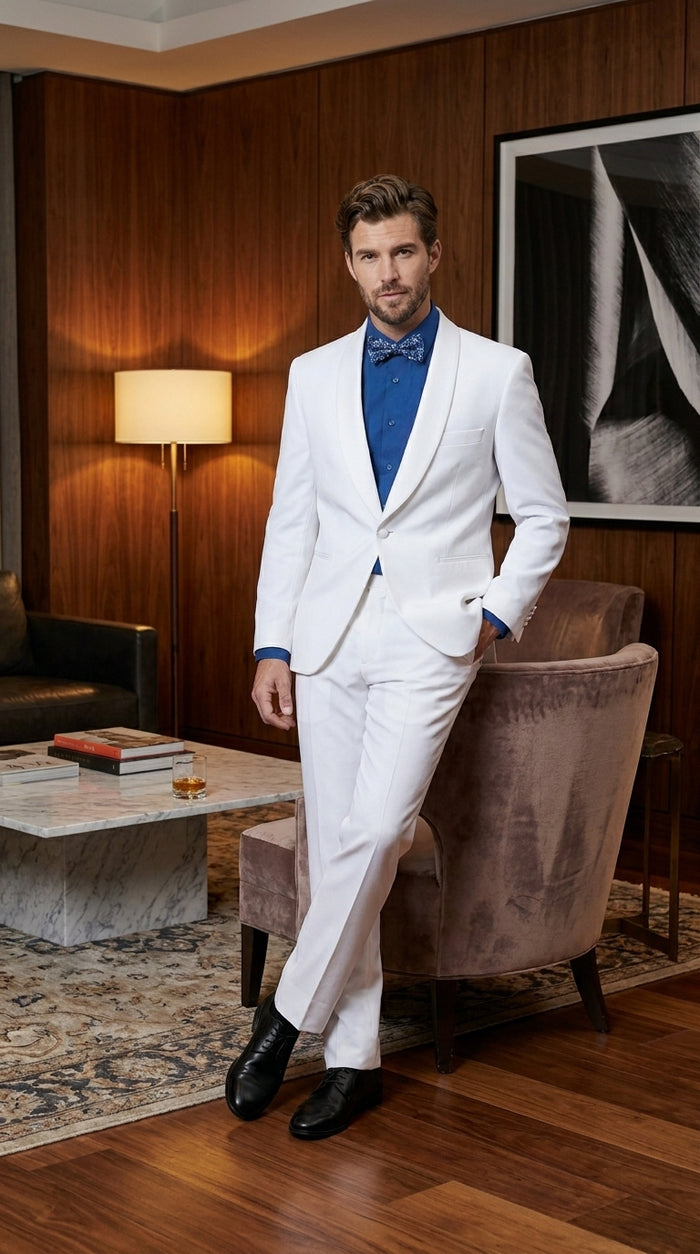 Men’s White Classic Microfiber Shawl Tuxedo with Jacket and Pants, Formal Wedding Dinner Suit