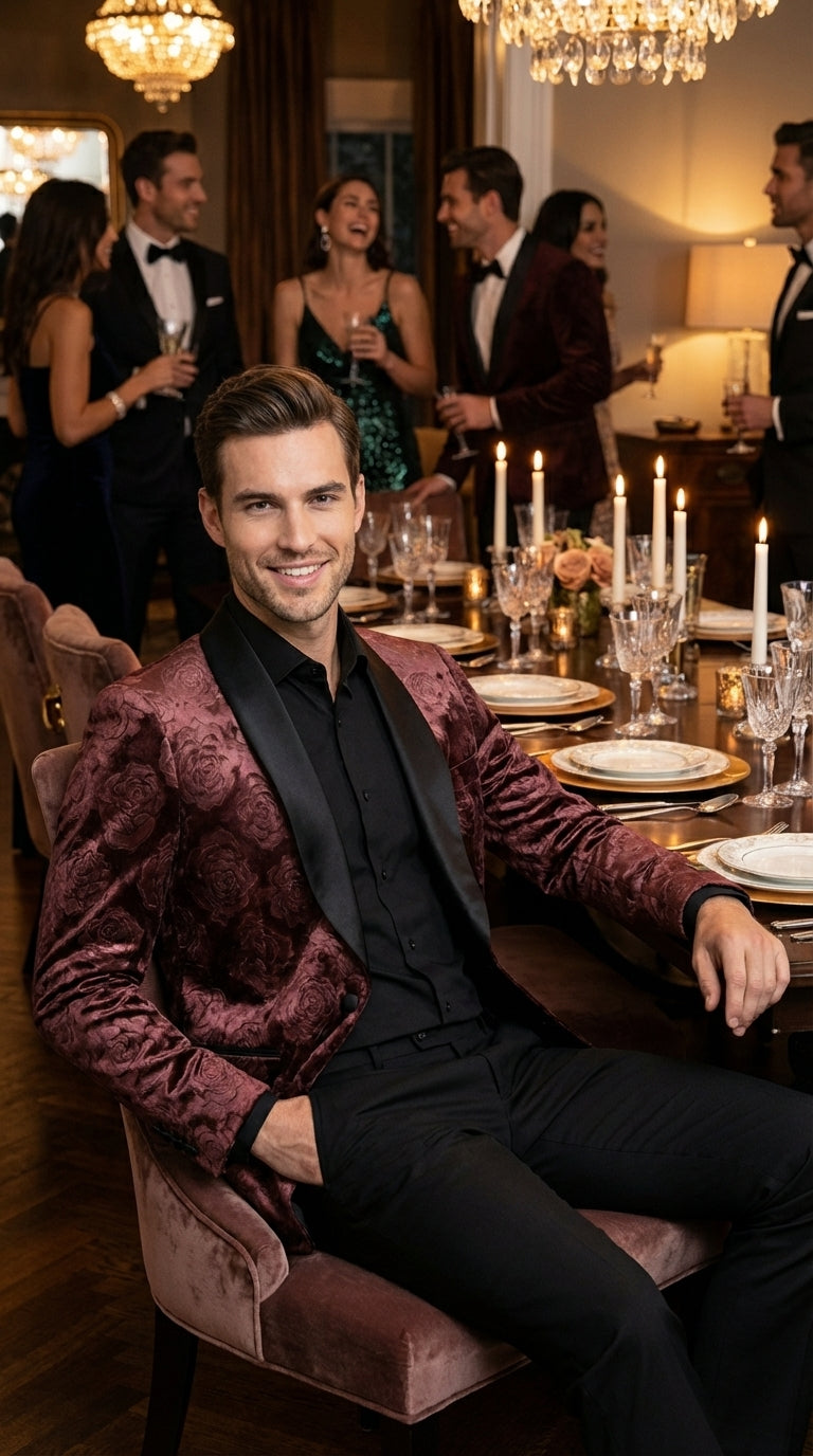 Mens Rust Copper Brick color Floral Jacquard Pasiley Blazer – Pattern Dinner Jacket with Black Shawl Lapel for Formal dinners and Wedding