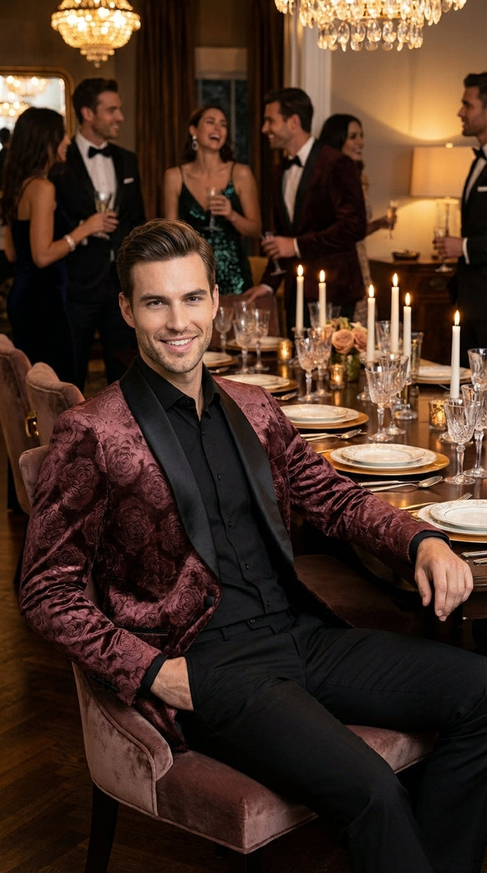 Mens Rust Copper Brick color Floral Jacquard Pasiley Blazer – Pattern Dinner Jacket with Black Shawl Lapel for Formal dinners and Wedding