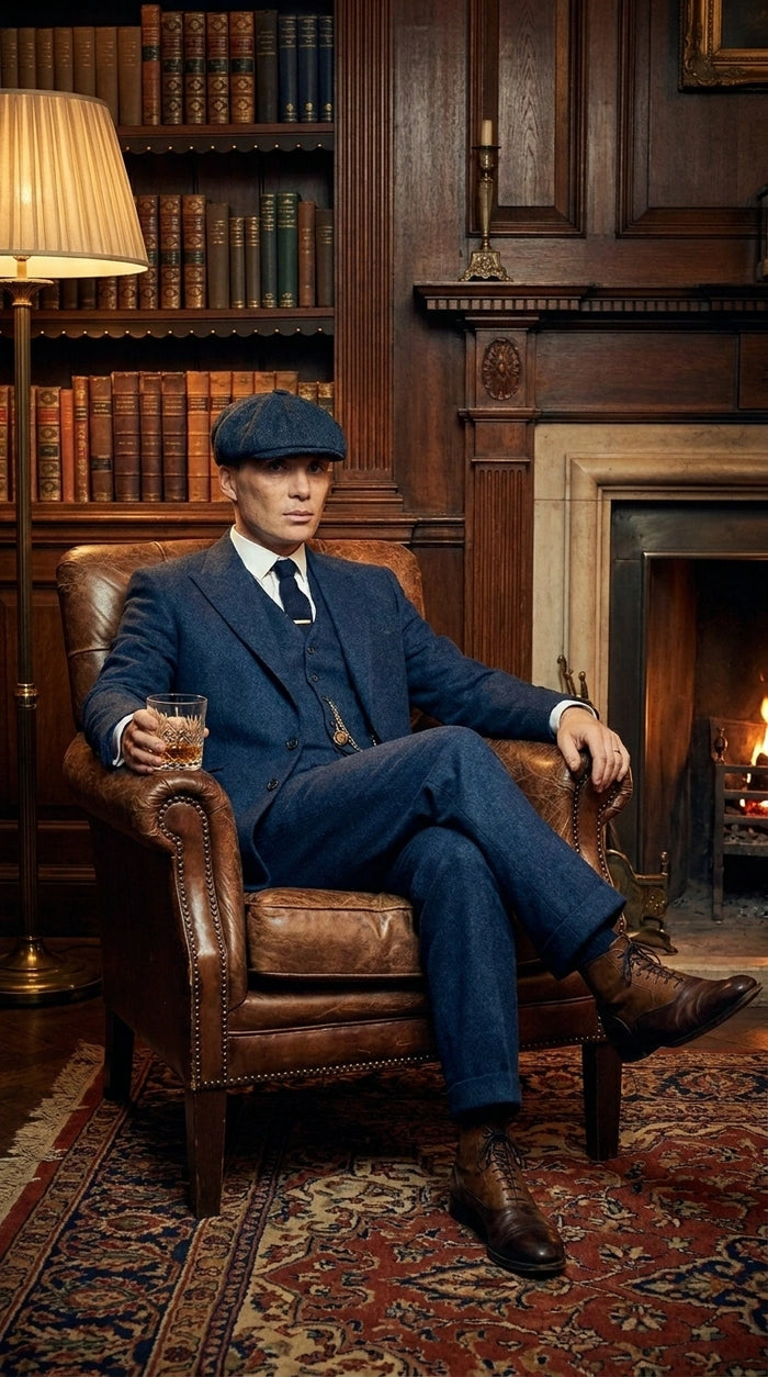 Men’s Blue 3 Piece Suit, Thomas Shelby Inspired Vintage Formal Suit Herringbone Tweed 1920s fabric