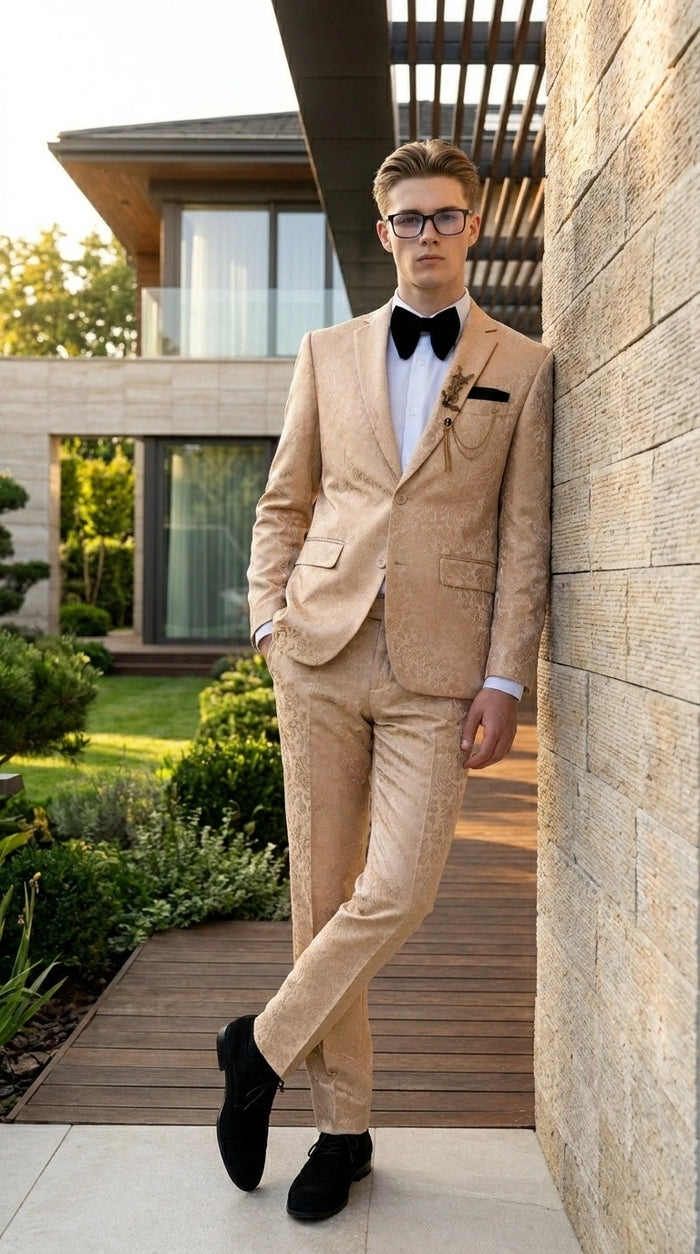 Men’s Champagne Gold Paisley Prom Tuxedo, Formal Dinner Suit for Prom, Weddings, Parties in Tan Color