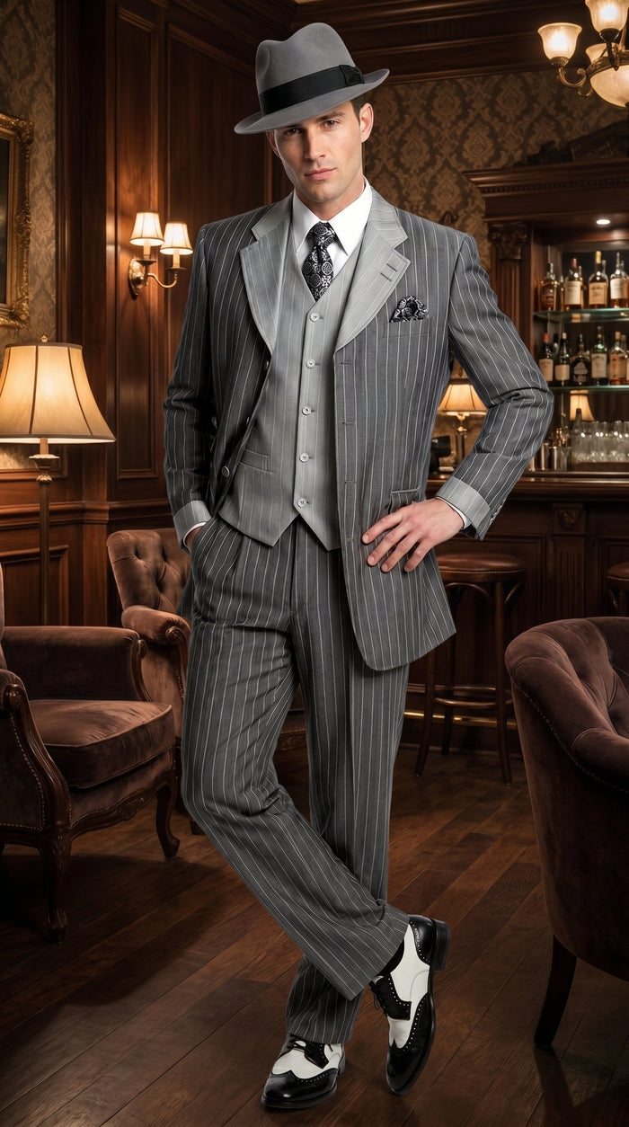 Men’s Grey Pinstripe 1920s Gangster 3 Piece Suit, Contrast Lapel Vintage Formal Suit for Parties, Prom, Weddings, and Theme Events