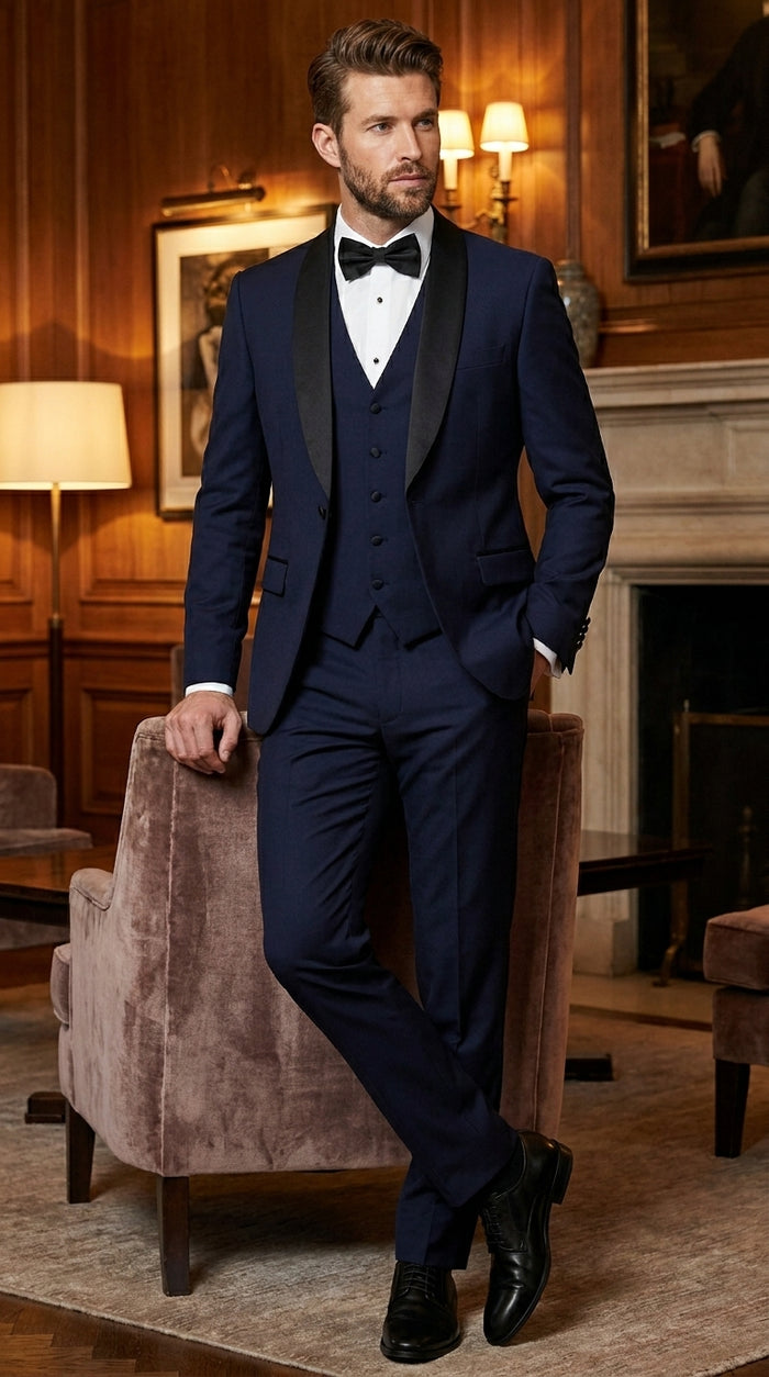 Men’s Navy Blue Vested Wool Tuxedo with 1 Button Jacket, Black Shawl Lapel and Matching Pants
