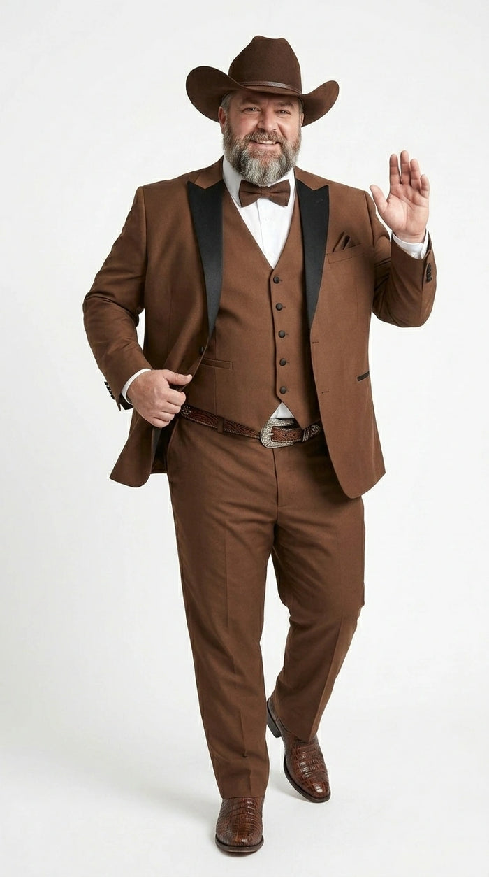 Men’s Light Brown Western Tuxedo 3 Piece Suit with Black Peak Collar Lapel, Country Look Cowboy Suit