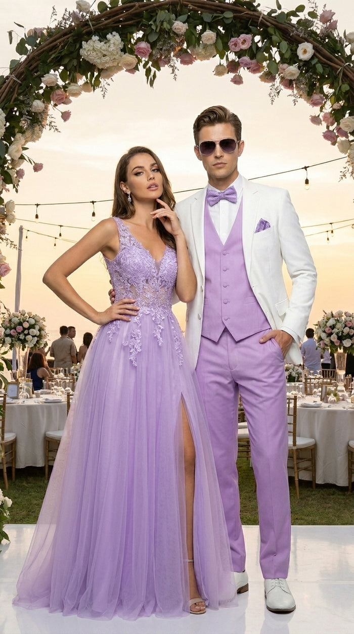 Men’s White and Lavender Tuxedo Wedding Suit with Dinner Jacket, Vest, Pants and Bow Tie