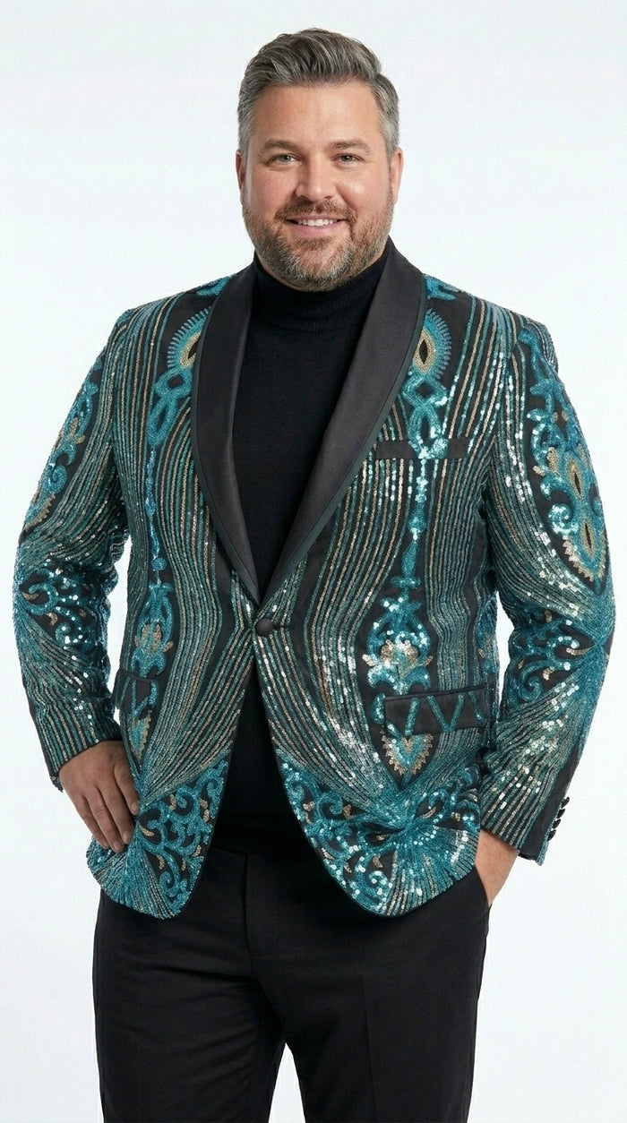 Men’s Black and Turquoise Blue With teal green Sequin Dinner Jacket, Formal Prom Wedding Paisley Floral Mardi Gra Pattern