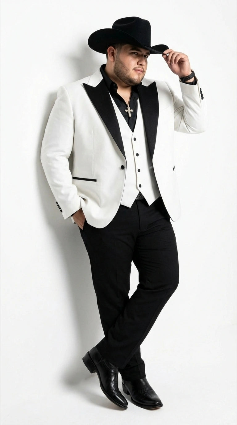 Men’s White Cowboy Tuxedo with Black Satin Lapel – Western Formal Suit with Matching Vest