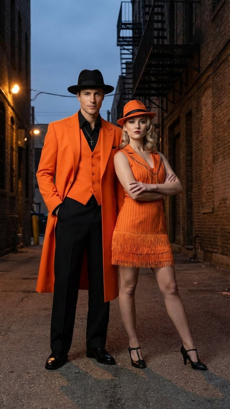 Mens halloween Costume Orange Long Zoot Suit Set With Black Shirt and Black Pants included