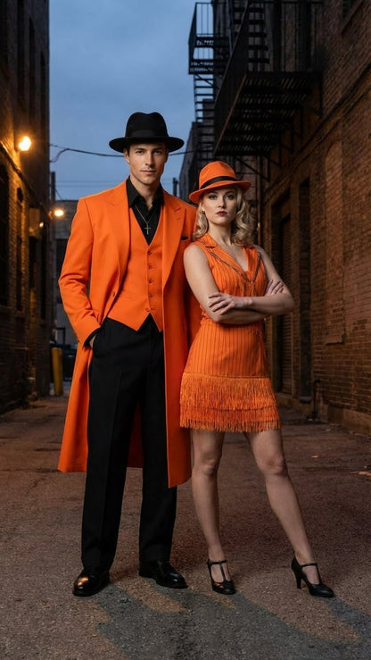 Mens halloween Costume Orange Long Zoot Suit Set With Black Shirt and Black Pants included