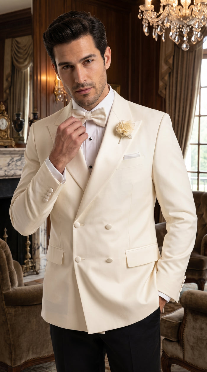 Men’s Ivory Double Breasted Dinner Jacket, Peak Lapel Formal Wedding Prom Tuxedo Blazer in cream off white color