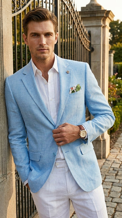 Men’s Sky Blue Linen Style Summer Blazer with Two Button Front, Lightweight Wedding Sport Coat