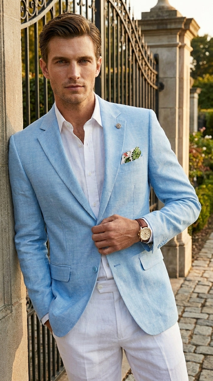Men’s Sky Blue Linen Style Summer Blazer with Two Button Front, Lightweight Wedding Sport Coat