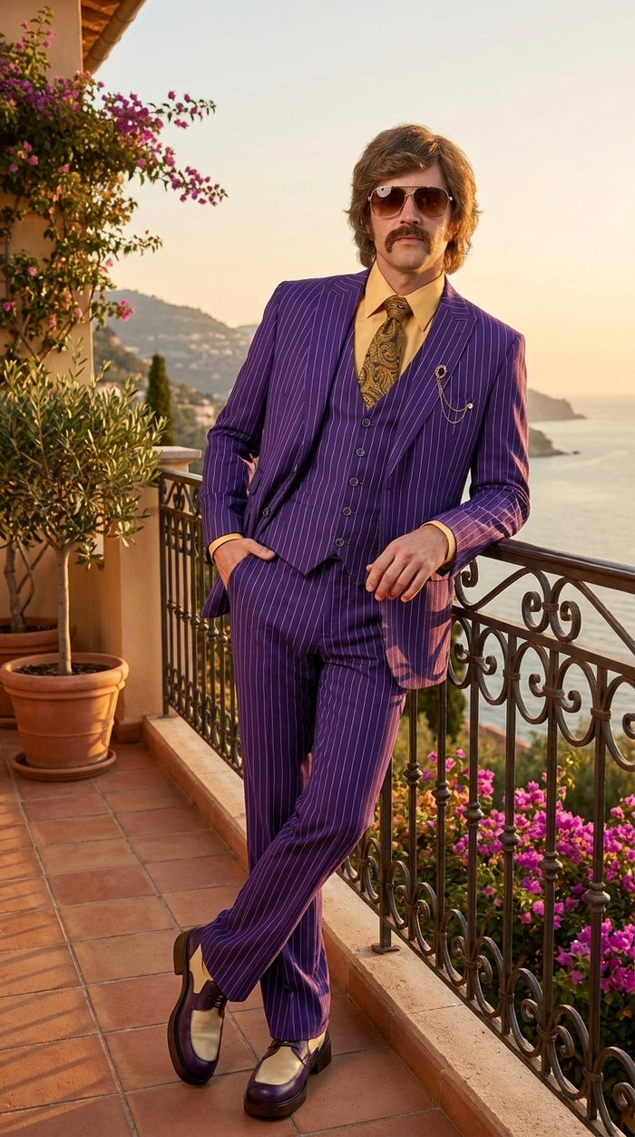 Men’s Purple Pinstripe 3-Piece Suit – 1970s Disco, Pimp, Retro Rockabilly and Party Suit