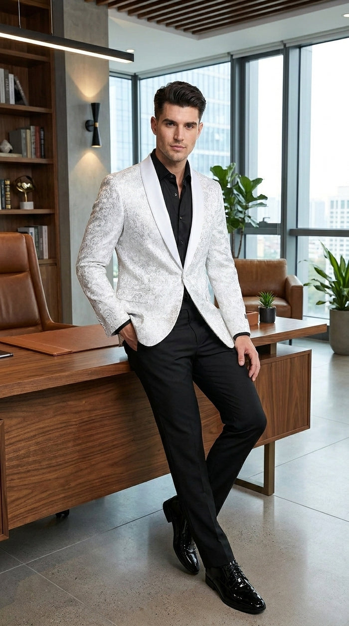 Men’s White Tonal Paisley Tuxedo Jacket with Satin Shawl Lapel, Wedding and Prom Dinner Blazer