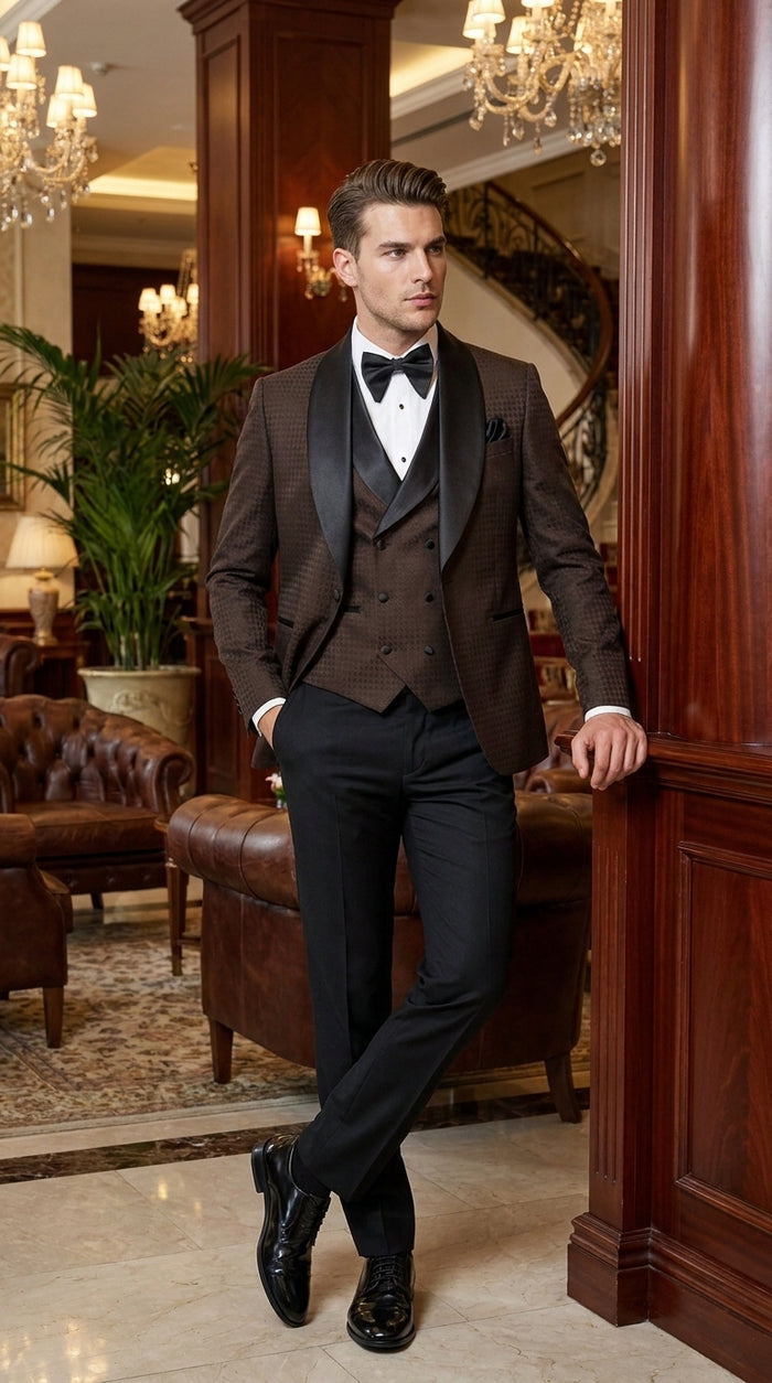 Men’s Chocolate Brown Tuxedo Suit – 3 Piece Shawl Lapel Wedding, Prom and Formal Dinner Tuxedo