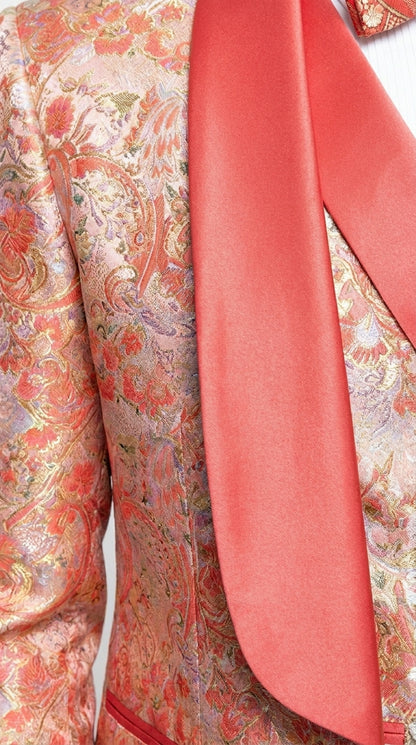 Men's One Button Paisley Wedding Tuxedo with Double Breasted Vest in Coral Orange